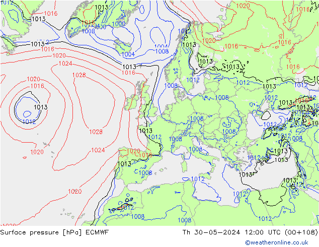 Atmosférický tlak ECMWF Čt 30.05.2024 12 UTC