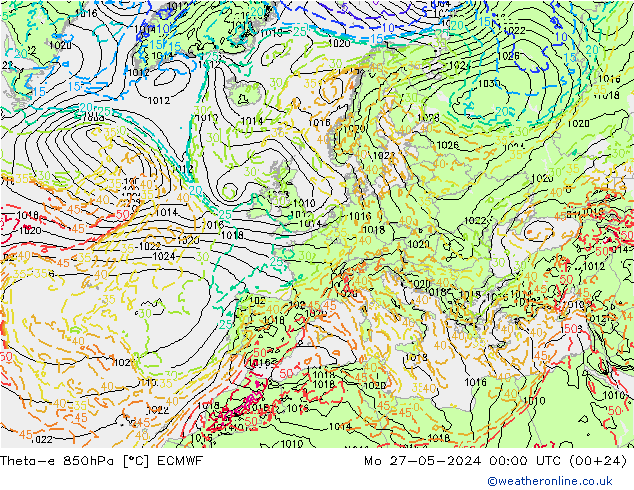 Theta-e 850hPa ECMWF lun 27.05.2024 00 UTC