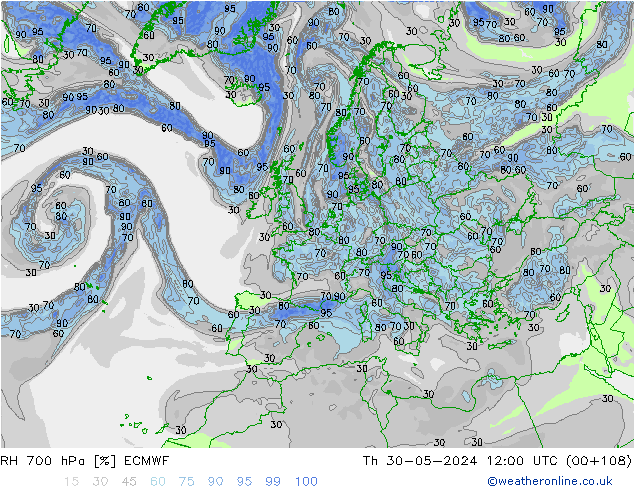 Humidité rel. 700 hPa ECMWF jeu 30.05.2024 12 UTC