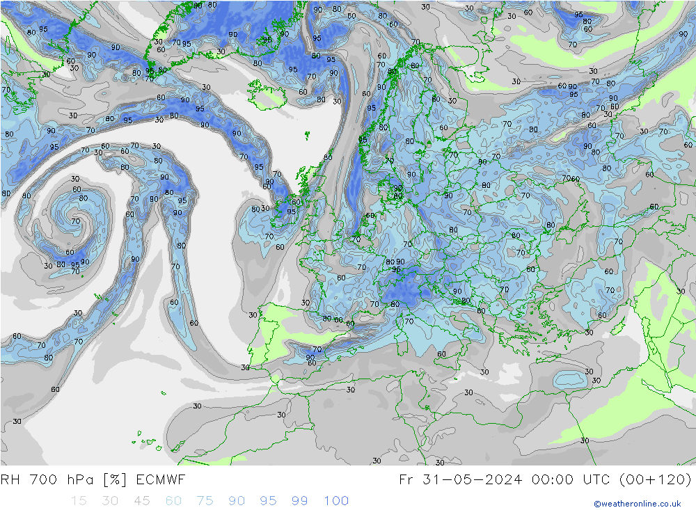 RH 700 hPa ECMWF ven 31.05.2024 00 UTC