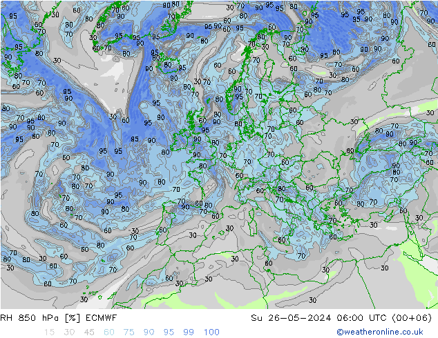 RH 850 hPa ECMWF Dom 26.05.2024 06 UTC