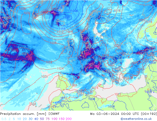 Precipitation accum. ECMWF Mo 03.06.2024 00 UTC