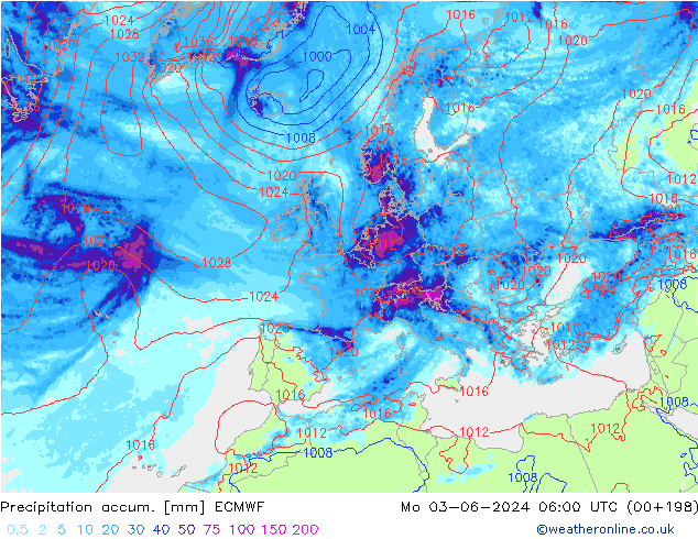 Precipitation accum. ECMWF lun 03.06.2024 06 UTC