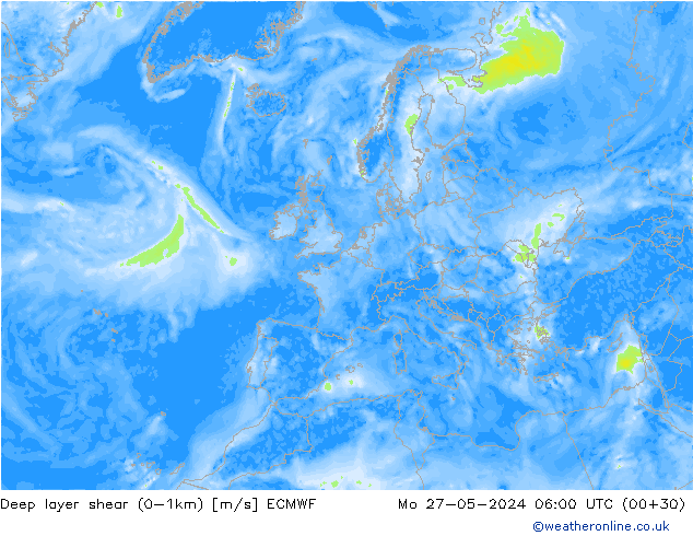 Deep layer shear (0-1km) ECMWF lun 27.05.2024 06 UTC