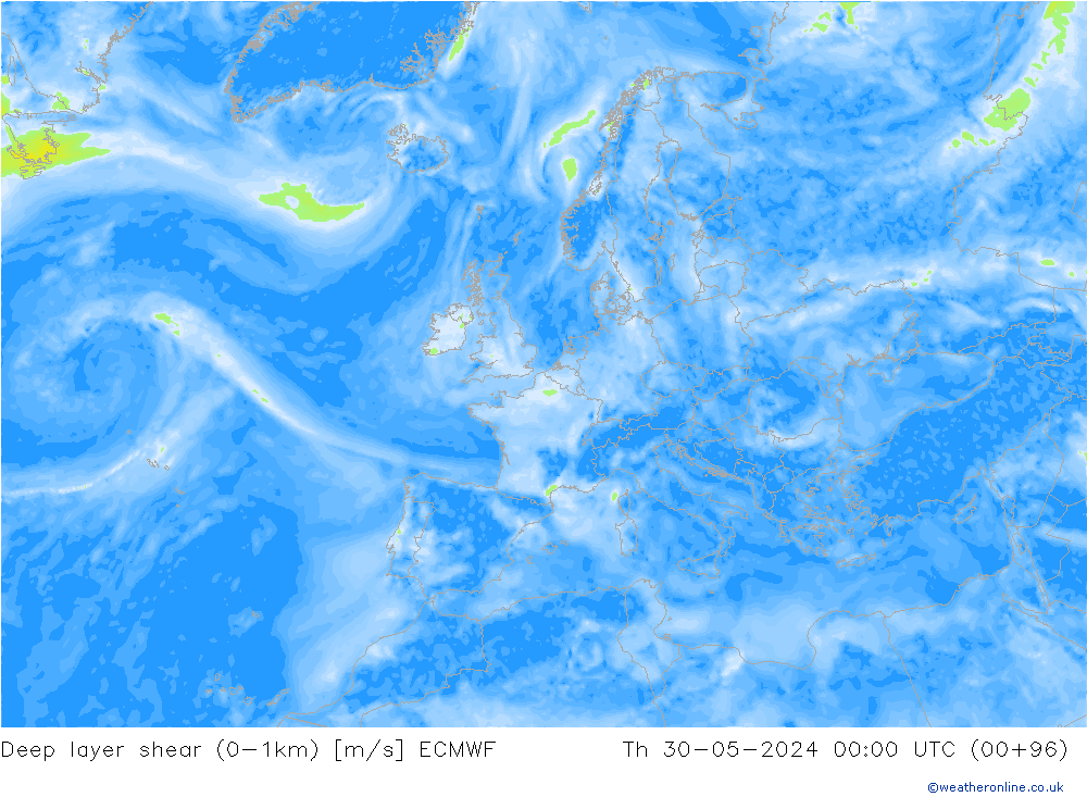 Deep layer shear (0-1km) ECMWF do 30.05.2024 00 UTC