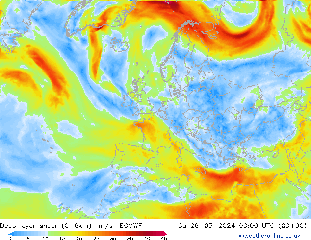 Deep layer shear (0-6km) ECMWF 星期日 26.05.2024 00 UTC