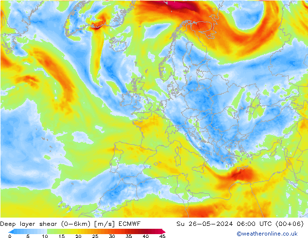 Deep layer shear (0-6km) ECMWF dom 26.05.2024 06 UTC