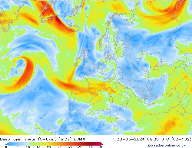 Deep layer shear (0-6km) ECMWF Do 30.05.2024 06 UTC