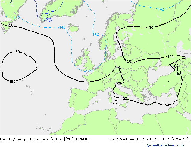 Geop./Temp. 850 hPa ECMWF mié 29.05.2024 06 UTC