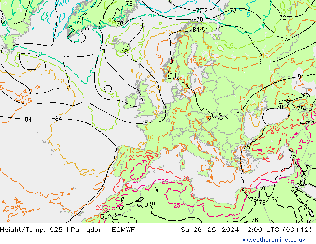 Height/Temp. 925 hPa ECMWF So 26.05.2024 12 UTC