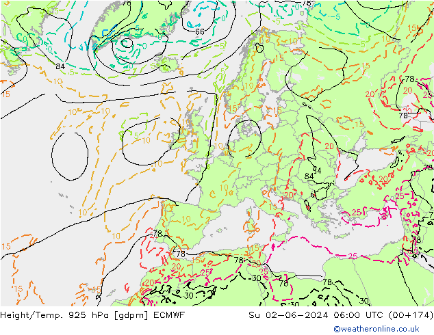 Yükseklik/Sıc. 925 hPa ECMWF Paz 02.06.2024 06 UTC