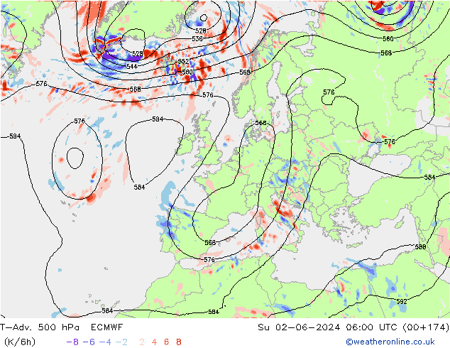 T-Adv. 500 hPa ECMWF So 02.06.2024 06 UTC