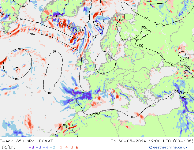 T-Adv. 850 hPa ECMWF jue 30.05.2024 12 UTC