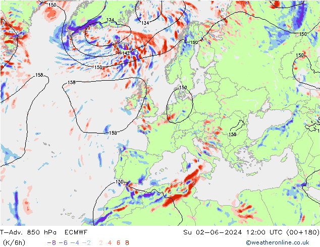 T-Adv. 850 гПа ECMWF Вс 02.06.2024 12 UTC