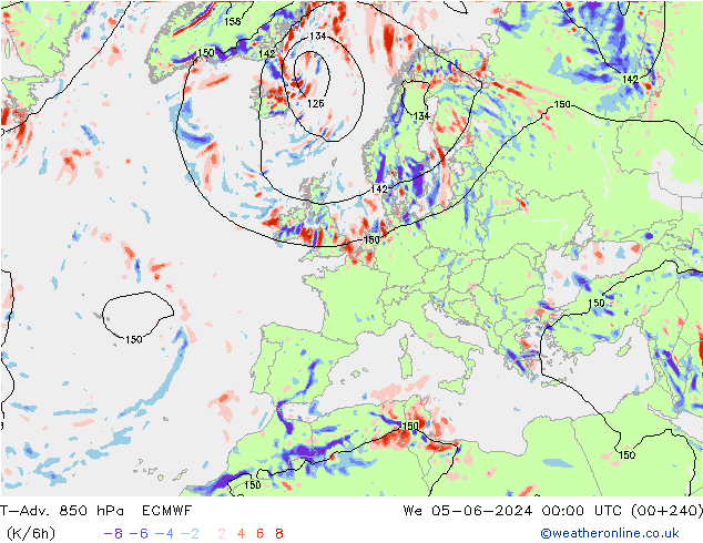 T-Adv. 850 hPa ECMWF mer 05.06.2024 00 UTC