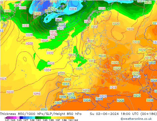 Dikte 850-1000 hPa ECMWF zo 02.06.2024 18 UTC