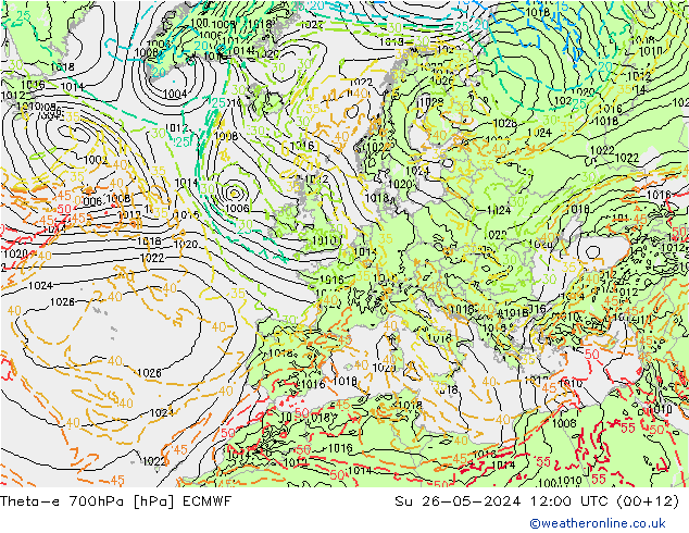 Theta-e 700hPa ECMWF zo 26.05.2024 12 UTC