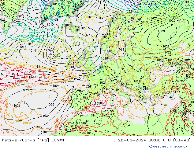 Theta-e 700hPa ECMWF  28.05.2024 00 UTC