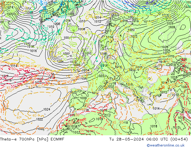 Theta-e 700hPa ECMWF Di 28.05.2024 06 UTC