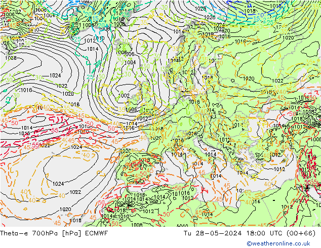 Theta-e 700hPa ECMWF Di 28.05.2024 18 UTC