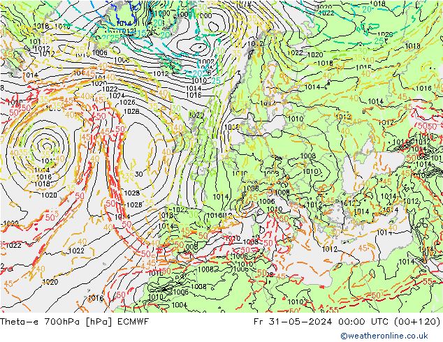 Theta-e 700hPa ECMWF Fr 31.05.2024 00 UTC