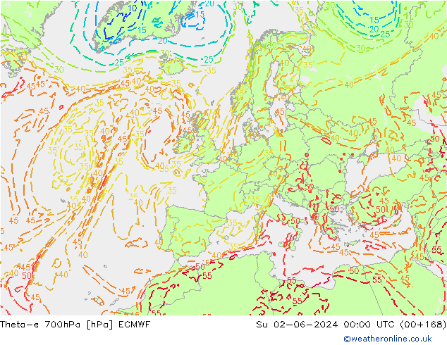 Theta-e 700hPa ECMWF nie. 02.06.2024 00 UTC