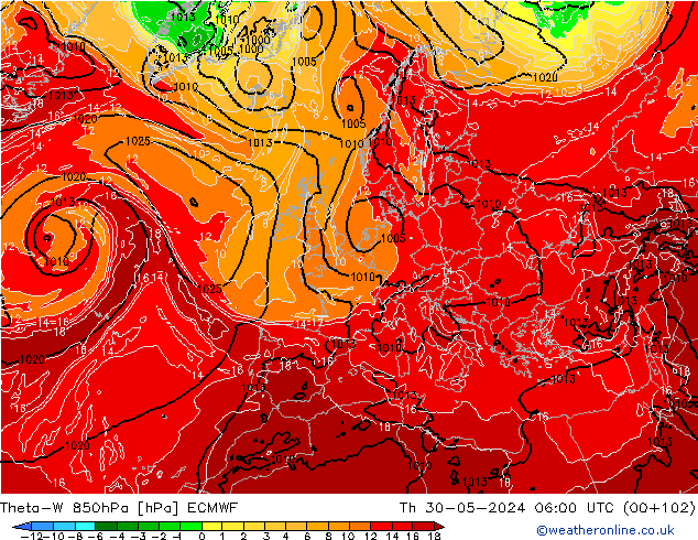 Theta-W 850hPa ECMWF gio 30.05.2024 06 UTC