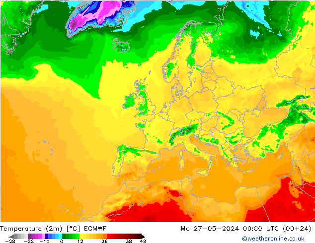 карта температуры ECMWF пн 27.05.2024 00 UTC