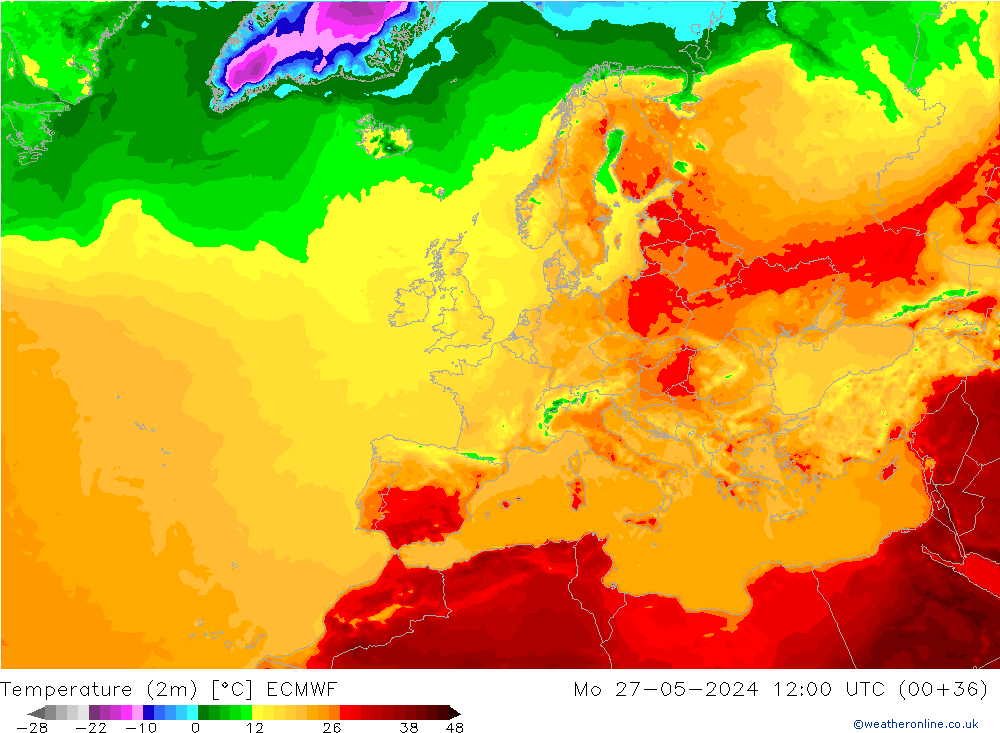 Temperature (2m) ECMWF Mo 27.05.2024 12 UTC