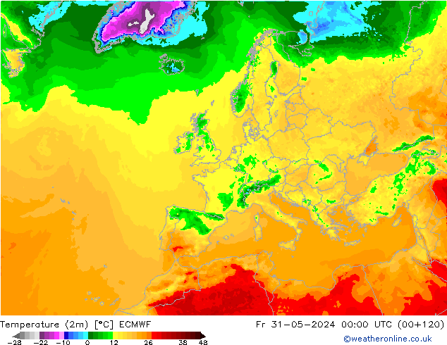 Temperatuurkaart (2m) ECMWF vr 31.05.2024 00 UTC