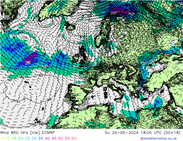 Wind 850 hPa ECMWF zo 26.05.2024 18 UTC