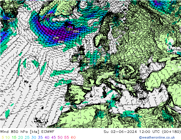 Wind 850 hPa ECMWF zo 02.06.2024 12 UTC