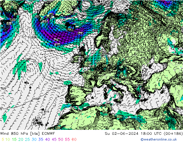 Rüzgar 850 hPa ECMWF Paz 02.06.2024 18 UTC