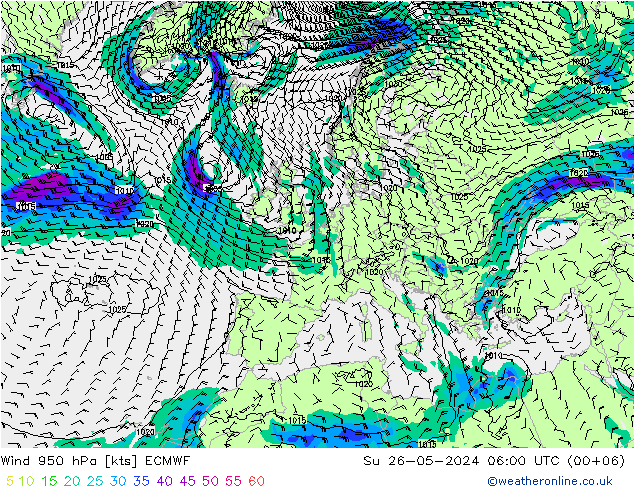 Vento 950 hPa ECMWF dom 26.05.2024 06 UTC