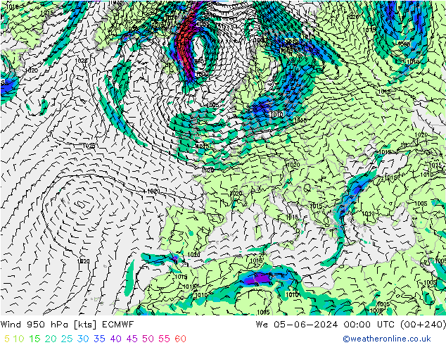 Vent 950 hPa ECMWF mer 05.06.2024 00 UTC