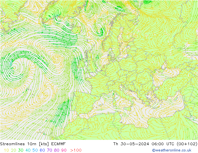 Ligne de courant 10m ECMWF jeu 30.05.2024 06 UTC