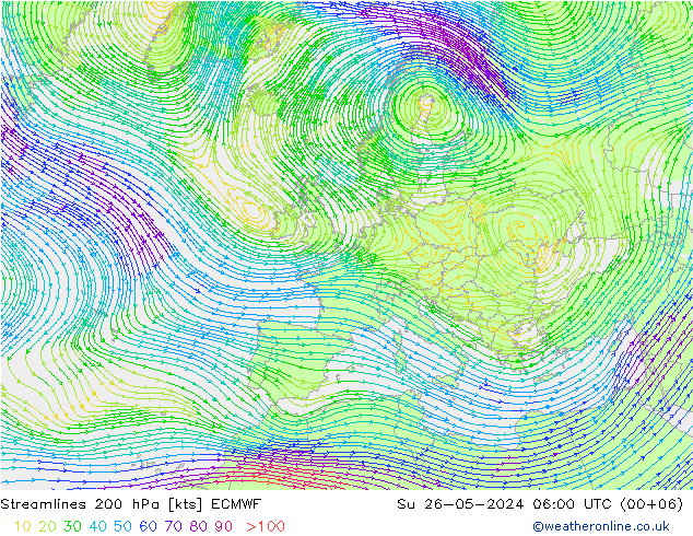 Linea di flusso 200 hPa ECMWF dom 26.05.2024 06 UTC