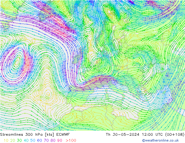 Streamlines 300 hPa ECMWF Čt 30.05.2024 12 UTC