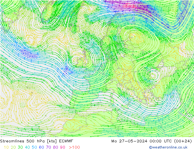 Linha de corrente 500 hPa ECMWF Seg 27.05.2024 00 UTC