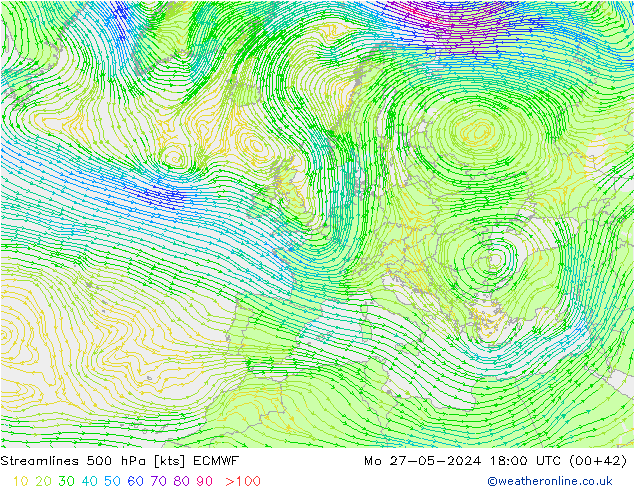 Streamlines 500 hPa ECMWF Po 27.05.2024 18 UTC