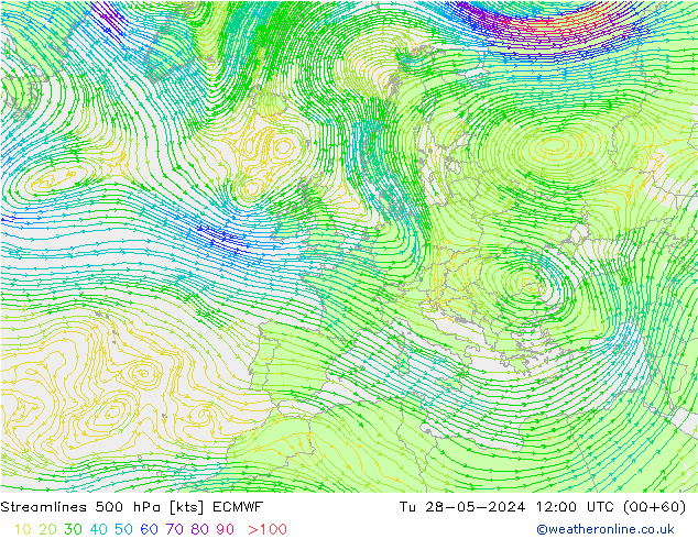 Streamlines 500 hPa ECMWF Tu 28.05.2024 12 UTC