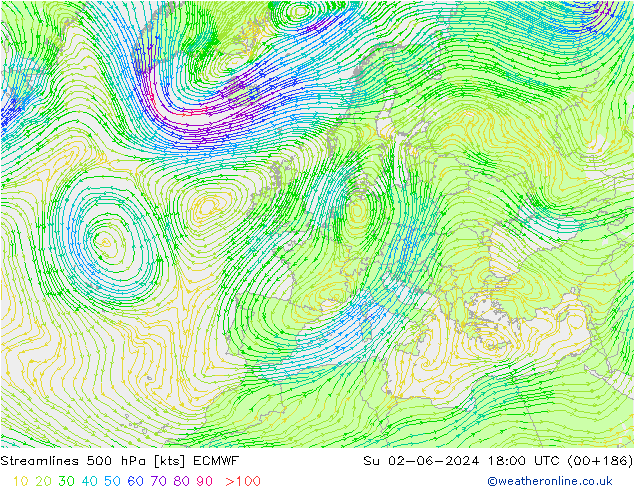 Stromlinien 500 hPa ECMWF So 02.06.2024 18 UTC