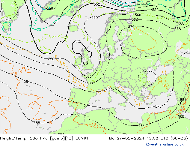 Z500/Rain (+SLP)/Z850 ECMWF Mo 27.05.2024 12 UTC