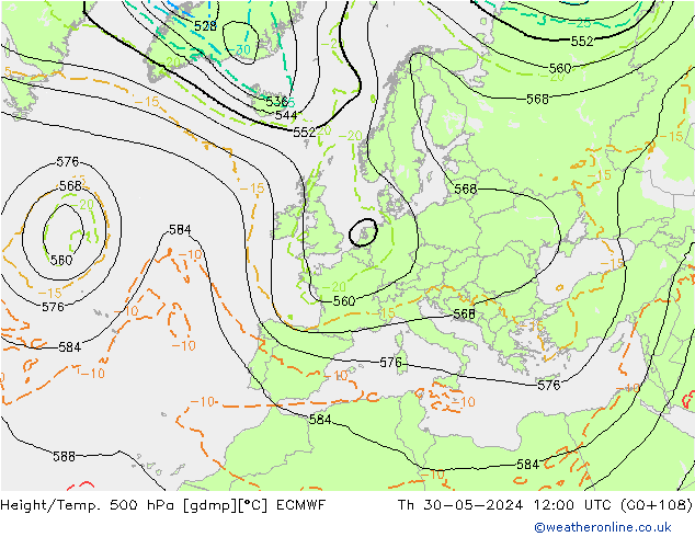 Z500/Rain (+SLP)/Z850 ECMWF gio 30.05.2024 12 UTC