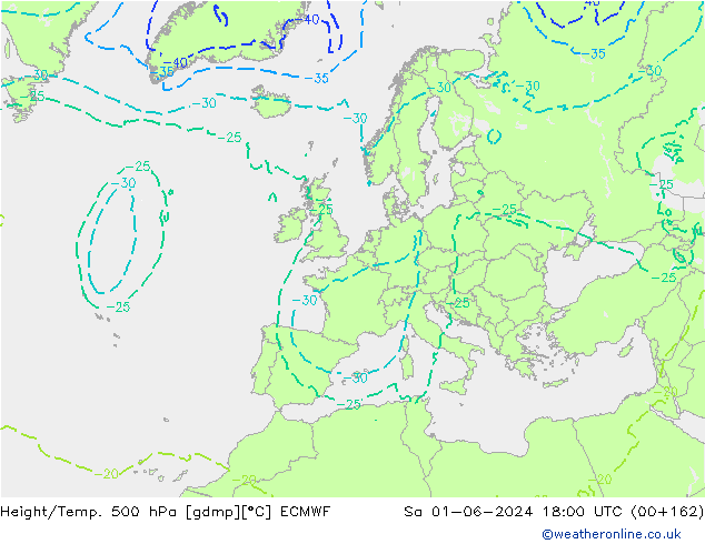 Height/Temp. 500 hPa ECMWF Sa 01.06.2024 18 UTC