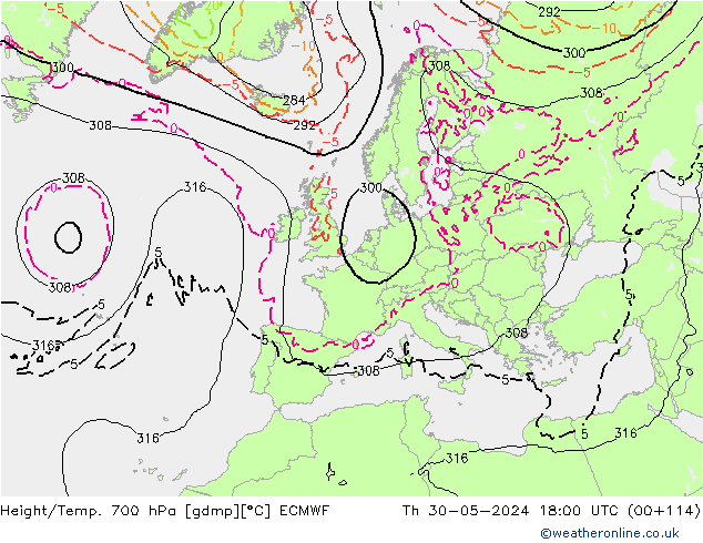 Height/Temp. 700 hPa ECMWF Do 30.05.2024 18 UTC