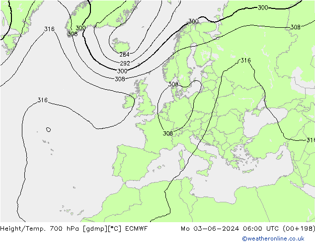 Height/Temp. 700 hPa ECMWF Mo 03.06.2024 06 UTC