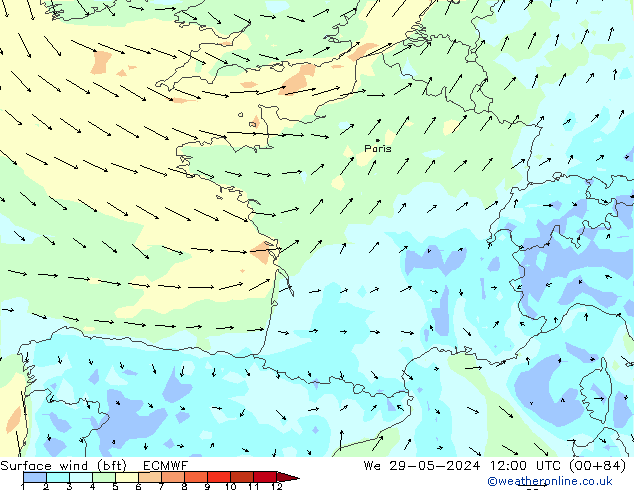 Vento 10 m (bft) ECMWF Qua 29.05.2024 12 UTC