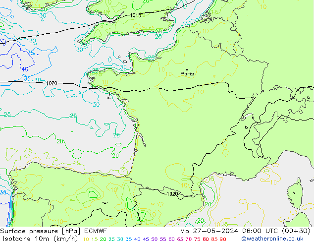 Isotachen (km/h) ECMWF Mo 27.05.2024 06 UTC