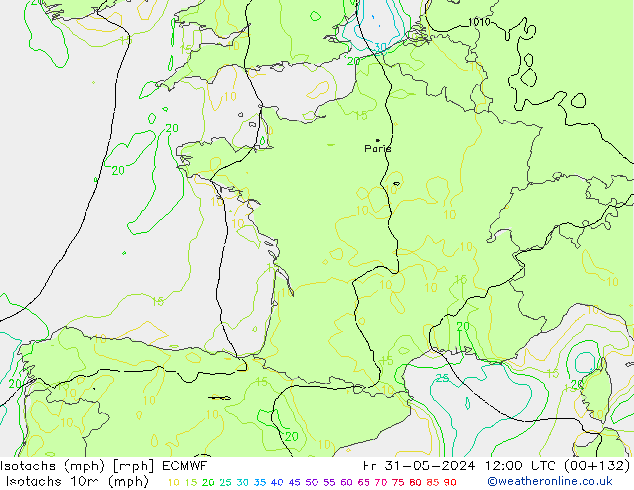 Isotachs (mph) ECMWF Fr 31.05.2024 12 UTC